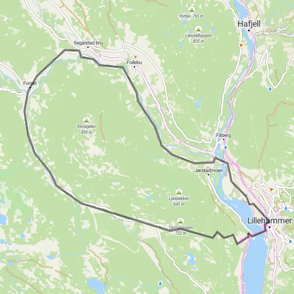 Map miniature of "Lillehammer to Aulestad Loop" cycling inspiration in Innlandet, Norway. Generated by Tarmacs.app cycling route planner