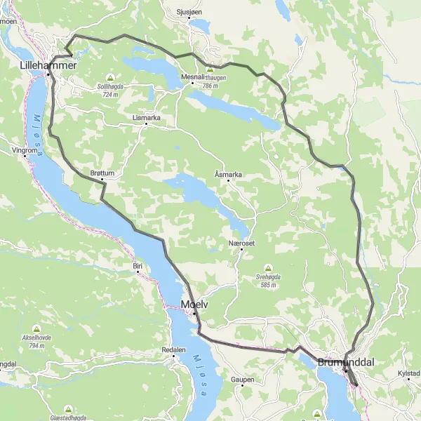 Map miniature of "Lillehammer to Sæter" cycling inspiration in Innlandet, Norway. Generated by Tarmacs.app cycling route planner