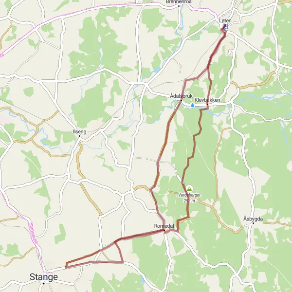 Map miniature of "Ådalsbruk-Romedal" cycling inspiration in Innlandet, Norway. Generated by Tarmacs.app cycling route planner