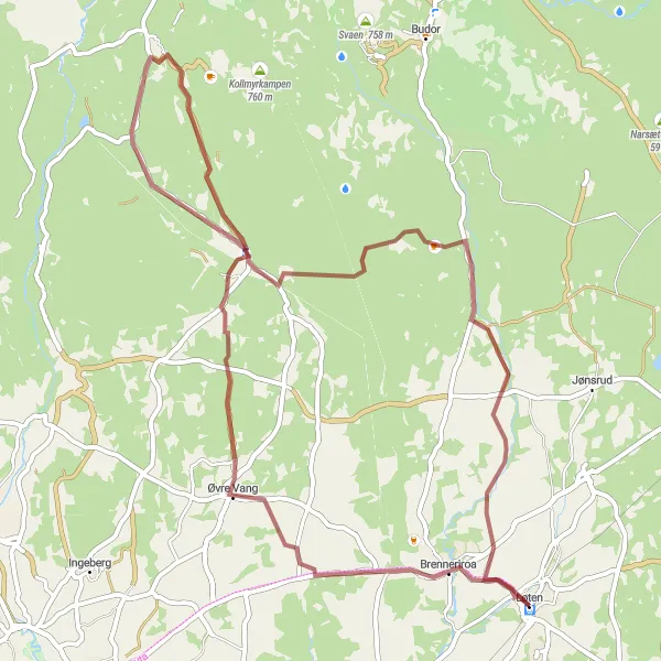 Map miniature of "Løten Gravel Loop" cycling inspiration in Innlandet, Norway. Generated by Tarmacs.app cycling route planner