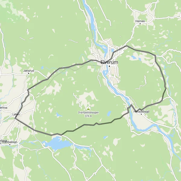 Kartminiatyr av "Elverum til Løten Rundtur" sykkelinspirasjon i Innlandet, Norway. Generert av Tarmacs.app sykkelrutoplanlegger