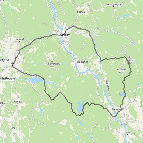 Map miniature of "Elverum and Veltborgåsen Road Cycling Route" cycling inspiration in Innlandet, Norway. Generated by Tarmacs.app cycling route planner