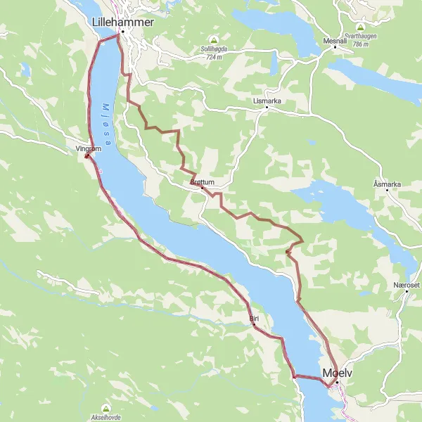 Kartminiatyr av "Gjennom naturskjønne omgivelser og rolige landskap" sykkelinspirasjon i Innlandet, Norway. Generert av Tarmacs.app sykkelrutoplanlegger