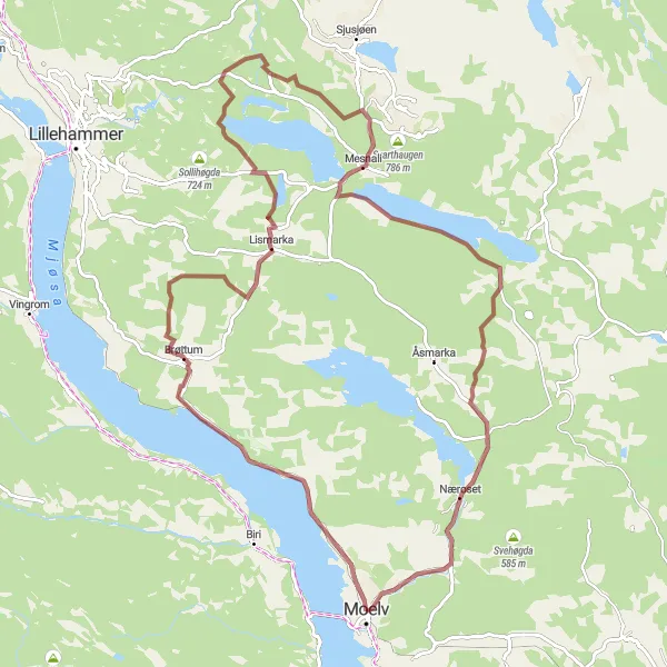 Kartminiatyr av "Mesnali and Lismarka Grusvei Rundtur" sykkelinspirasjon i Innlandet, Norway. Generert av Tarmacs.app sykkelrutoplanlegger