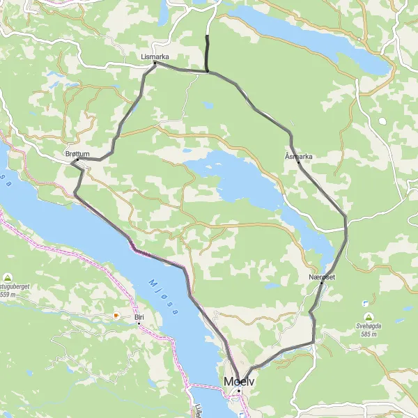 Map miniature of "Moelv to Næroset Road Route" cycling inspiration in Innlandet, Norway. Generated by Tarmacs.app cycling route planner