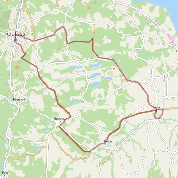 Map miniature of "Lake Lena Loop" cycling inspiration in Innlandet, Norway. Generated by Tarmacs.app cycling route planner