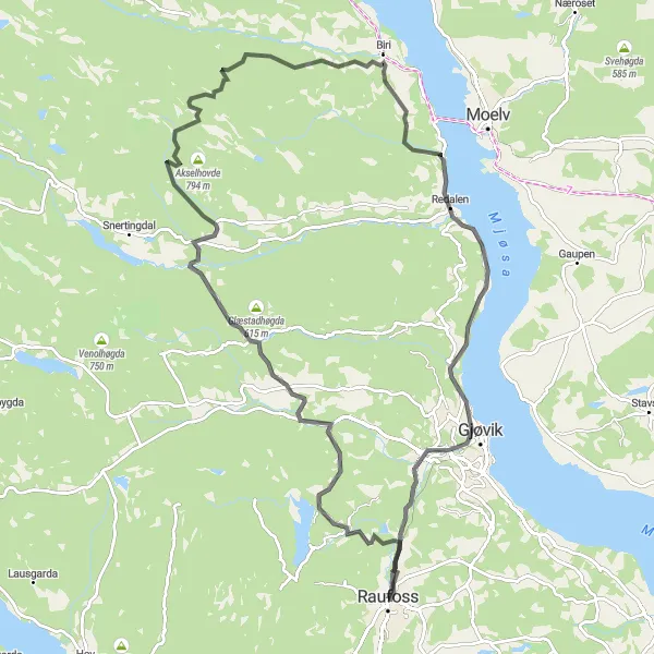 Kartminiatyr av "Raufoss - Hunndalen - Biri Route" sykkelinspirasjon i Innlandet, Norway. Generert av Tarmacs.app sykkelrutoplanlegger