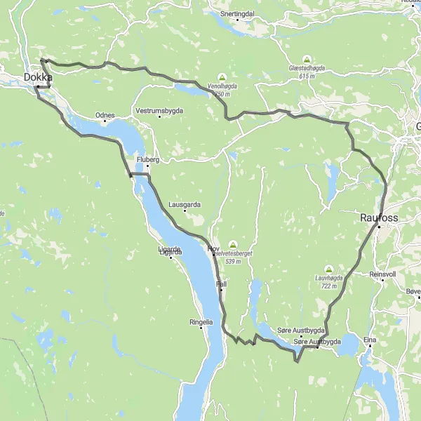Kartminiatyr av "Skog og Bratte Bakker" sykkelinspirasjon i Innlandet, Norway. Generert av Tarmacs.app sykkelrutoplanlegger