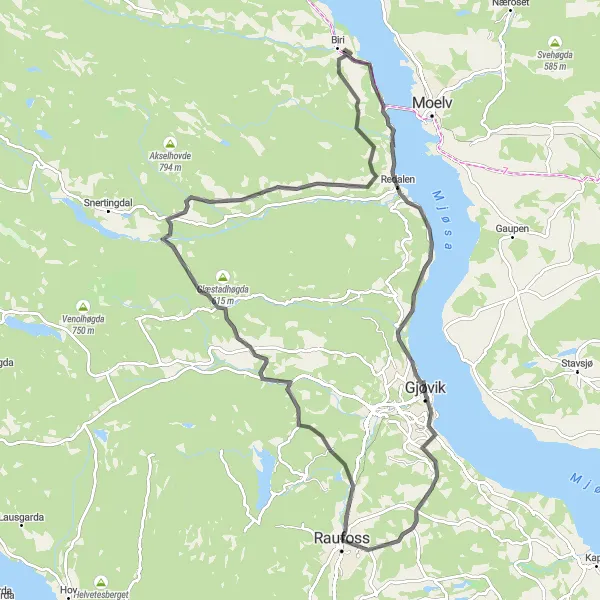 Kartminiatyr av "Raufoss - Gjøvik Road Cycling Route" sykkelinspirasjon i Innlandet, Norway. Generert av Tarmacs.app sykkelrutoplanlegger