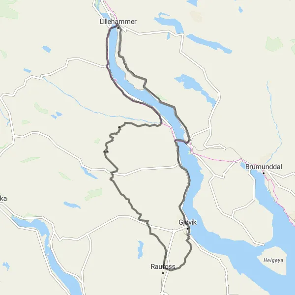 Kartminiatyr av "Gjøvik - Raufoss - Biri Loop" sykkelinspirasjon i Innlandet, Norway. Generert av Tarmacs.app sykkelrutoplanlegger