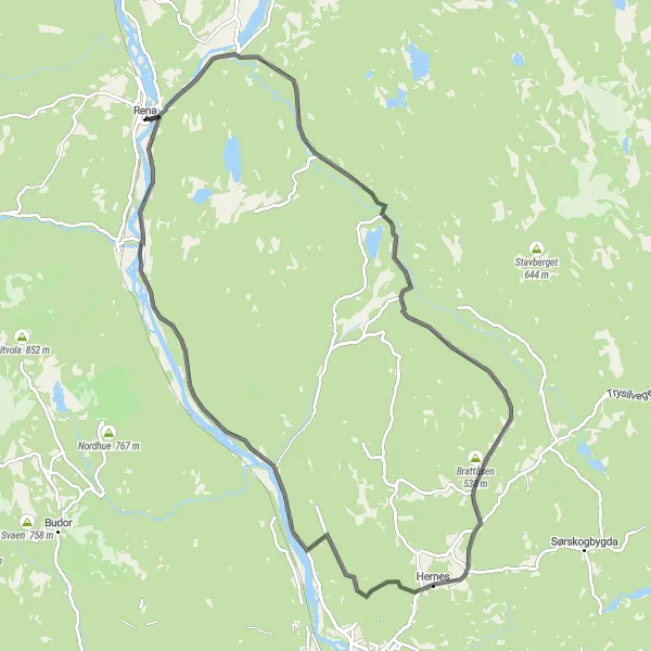 Kartminiatyr av "Rena til Stavåsen Sykkelrute" sykkelinspirasjon i Innlandet, Norway. Generert av Tarmacs.app sykkelrutoplanlegger