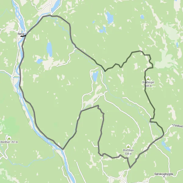 Kartminiatyr av "Rena - Stavberget Ride" sykkelinspirasjon i Innlandet, Norway. Generert av Tarmacs.app sykkelrutoplanlegger