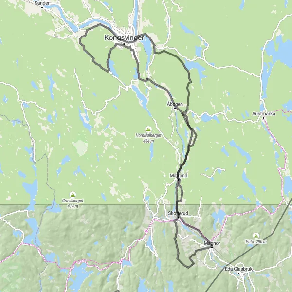 Map miniature of "Magnor Loop: Road Cycling Through Scenic Routes" cycling inspiration in Innlandet, Norway. Generated by Tarmacs.app cycling route planner