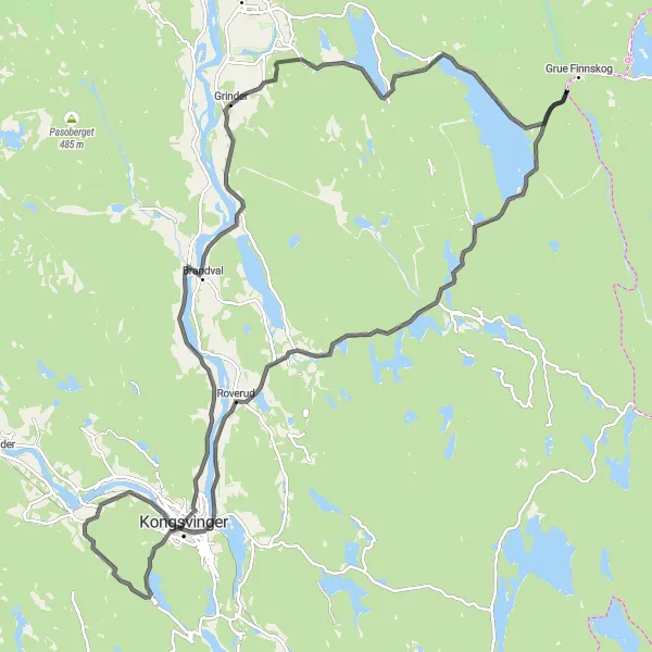 Map miniature of "Spetalen - Kongsvinger Round-Trip" cycling inspiration in Innlandet, Norway. Generated by Tarmacs.app cycling route planner