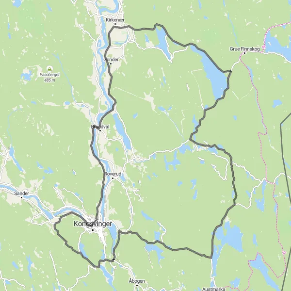 Kartminiatyr av "Kongsvinger til Kirkenær Vei Sykkeltur" sykkelinspirasjon i Innlandet, Norway. Generert av Tarmacs.app sykkelrutoplanlegger