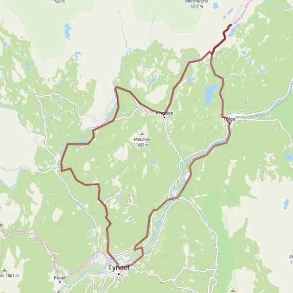 Map miniature of "Vingelen Gravel Adventure - Cycling Route near Tynset" cycling inspiration in Innlandet, Norway. Generated by Tarmacs.app cycling route planner