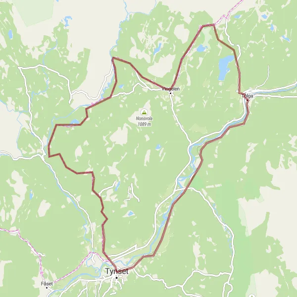 Kartminiatyr av "Grusvei sykkeltur fra Tynset til Tolga" sykkelinspirasjon i Innlandet, Norway. Generert av Tarmacs.app sykkelrutoplanlegger