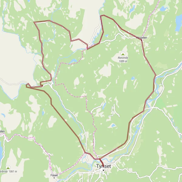 Kartminiatyr av "Kort og utfordrende grusrunde fra Tynset" sykkelinspirasjon i Innlandet, Norway. Generert av Tarmacs.app sykkelrutoplanlegger