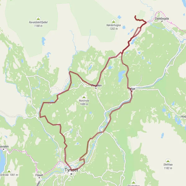 Map miniature of "Østby-Høgåsen Gravel Adventure - Cycling Route near Tynset" cycling inspiration in Innlandet, Norway. Generated by Tarmacs.app cycling route planner