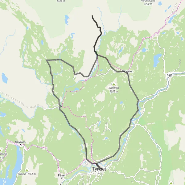 Map miniature of "The Rugged Road to Tynset" cycling inspiration in Innlandet, Norway. Generated by Tarmacs.app cycling route planner