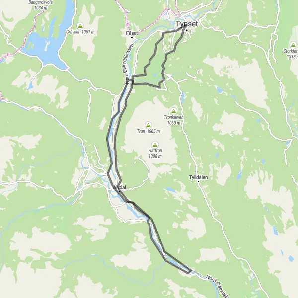 Kartminiatyr av "Veien fra Tynset til Alvdal: en kulturell og naturskjønn opplevelse" sykkelinspirasjon i Innlandet, Norway. Generert av Tarmacs.app sykkelrutoplanlegger