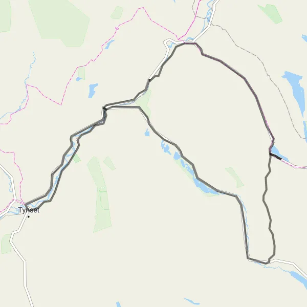 Kartminiatyr av "Opplev kyst til fjell-landskap på vei fra Tynset" sykkelinspirasjon i Innlandet, Norway. Generert av Tarmacs.app sykkelrutoplanlegger