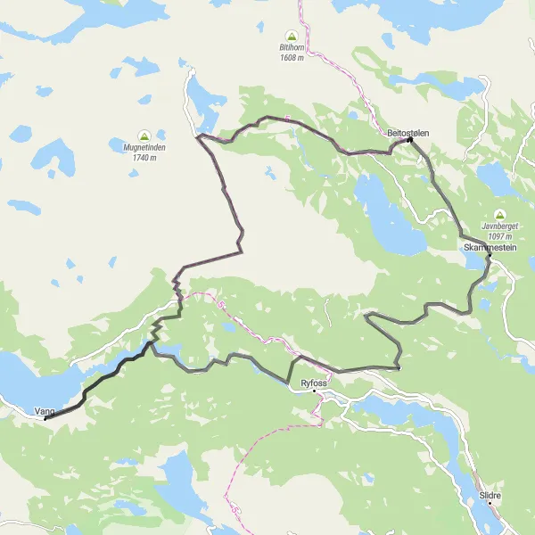 Map miniature of "Beitostølen Adventure Loop" cycling inspiration in Innlandet, Norway. Generated by Tarmacs.app cycling route planner