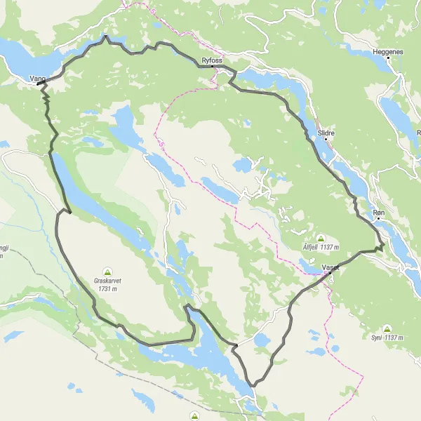 Map miniature of "Slidre - Røn Round-trip" cycling inspiration in Innlandet, Norway. Generated by Tarmacs.app cycling route planner