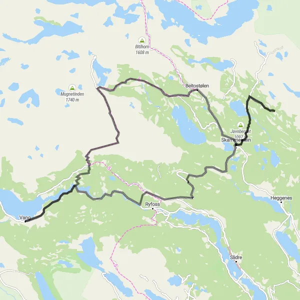 Kartminiatyr av "Beitostølen Challenge" sykkelinspirasjon i Innlandet, Norway. Generert av Tarmacs.app sykkelrutoplanlegger