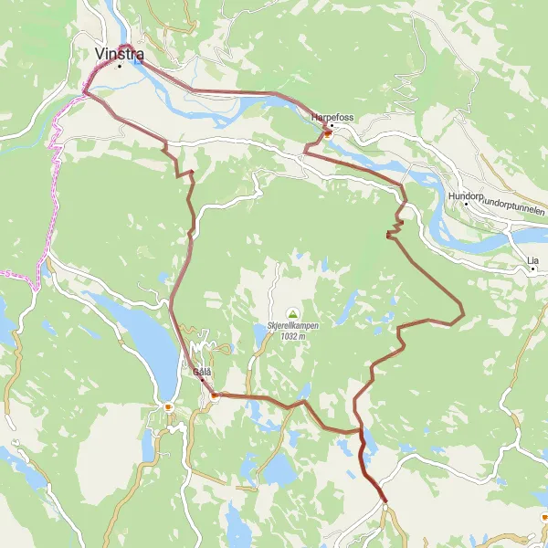 Map miniature of "Vinstra to Gålå Gravel Route" cycling inspiration in Innlandet, Norway. Generated by Tarmacs.app cycling route planner