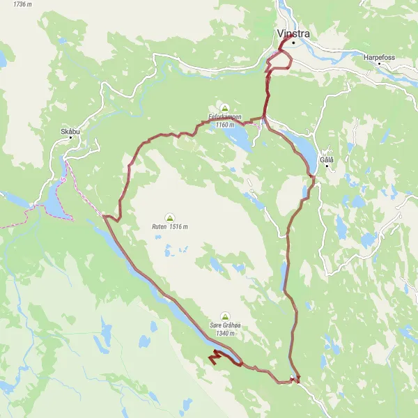 Map miniature of "Gravel Adventure to Espedalsvatnet" cycling inspiration in Innlandet, Norway. Generated by Tarmacs.app cycling route planner