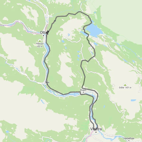 Map miniature of "Sjoa River Exploration" cycling inspiration in Innlandet, Norway. Generated by Tarmacs.app cycling route planner