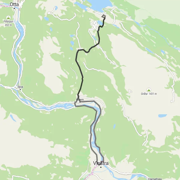 Map miniature of "Vinstra Loop" cycling inspiration in Innlandet, Norway. Generated by Tarmacs.app cycling route planner