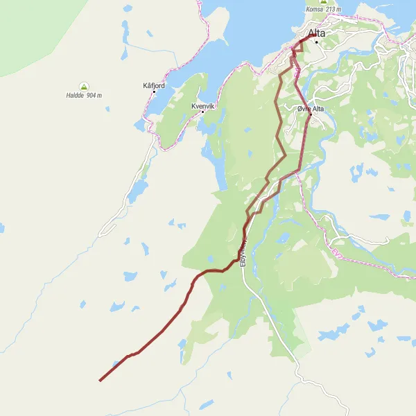 Map miniature of "Alta Gravel Adventure" cycling inspiration in Nord-Norge, Norway. Generated by Tarmacs.app cycling route planner