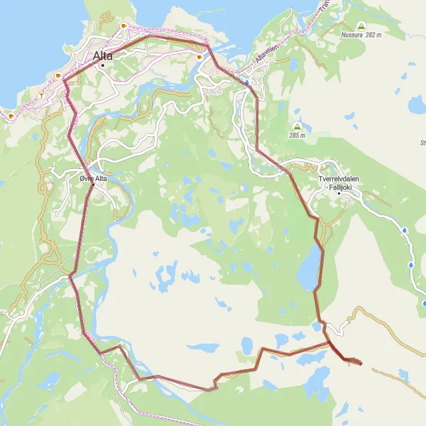 Map miniature of "Elvebakken River Journey" cycling inspiration in Nord-Norge, Norway. Generated by Tarmacs.app cycling route planner