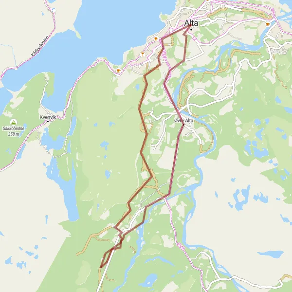 Map miniature of "Scenic Alta River Gravel Ride" cycling inspiration in Nord-Norge, Norway. Generated by Tarmacs.app cycling route planner