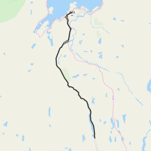 Map miniature of "Bossekop Scenic Ride" cycling inspiration in Nord-Norge, Norway. Generated by Tarmacs.app cycling route planner