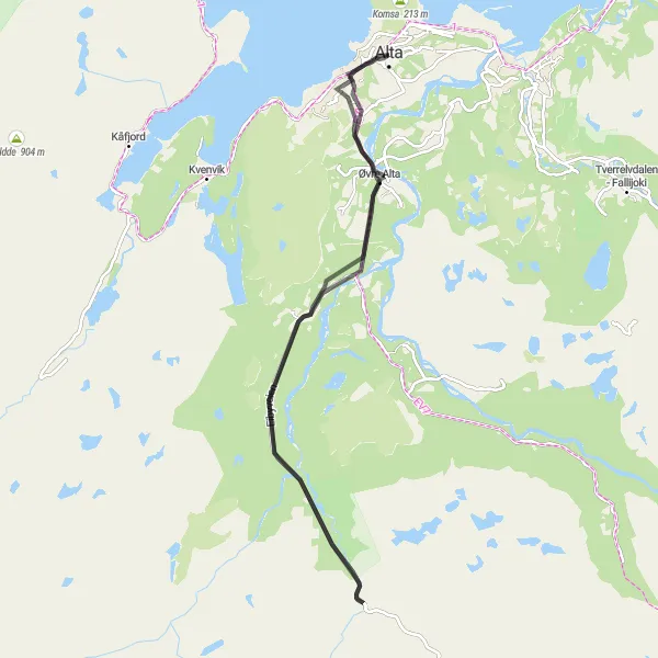 Kartminiatyr av "Alta River Loop" sykkelinspirasjon i Nord-Norge, Norway. Generert av Tarmacs.app sykkelrutoplanlegger