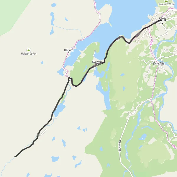 Map miniature of "Østre Kvenvik Coastal Ride" cycling inspiration in Nord-Norge, Norway. Generated by Tarmacs.app cycling route planner