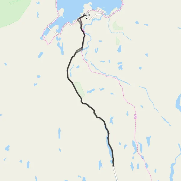Map miniature of "Alta Road Adventure" cycling inspiration in Nord-Norge, Norway. Generated by Tarmacs.app cycling route planner