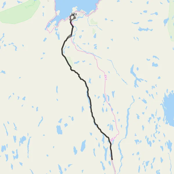 Map miniature of "Alta River Loop" cycling inspiration in Nord-Norge, Norway. Generated by Tarmacs.app cycling route planner