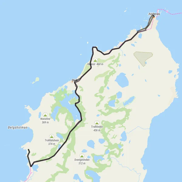 Kartminiatyr av "Panoramautsikt fra Andenes til Bleik" sykkelinspirasjon i Nord-Norge, Norway. Generert av Tarmacs.app sykkelrutoplanlegger