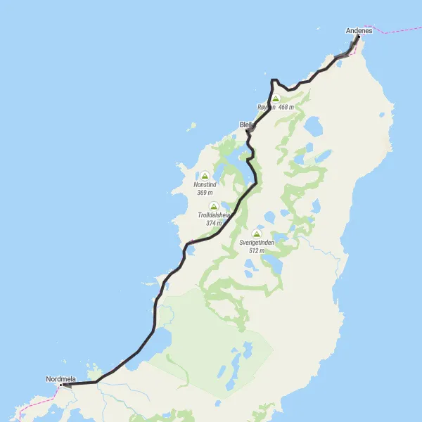 Kartminiatyr av "Utfordrende tur til Nordmela fra Andenes" sykkelinspirasjon i Nord-Norge, Norway. Generert av Tarmacs.app sykkelrutoplanlegger