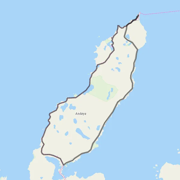 Kartminiatyr av "Rundtur til Andenes fyr via Bleik" sykkelinspirasjon i Nord-Norge, Norway. Generert av Tarmacs.app sykkelrutoplanlegger