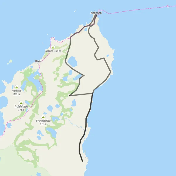 Kartminiatyr av "Andenes fyr og Rambergsaksla Loop" sykkelinspirasjon i Nord-Norge, Norway. Generert av Tarmacs.app sykkelrutoplanlegger