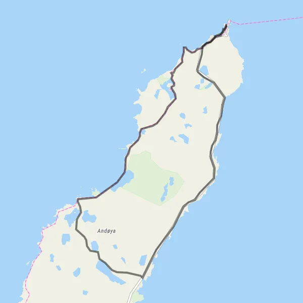 Map miniature of "Andenes to Nordmela Loop" cycling inspiration in Nord-Norge, Norway. Generated by Tarmacs.app cycling route planner