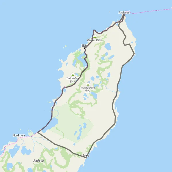 Kartminiatyr av "Kystopplevelse fra Andenes til Bleik" sykkelinspirasjon i Nord-Norge, Norway. Generert av Tarmacs.app sykkelrutoplanlegger