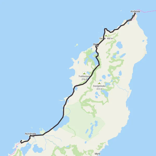 Kartminiatyr av "Kystopplevelse fra Andenes fyr til Nonsheia" sykkelinspirasjon i Nord-Norge, Norway. Generert av Tarmacs.app sykkelrutoplanlegger