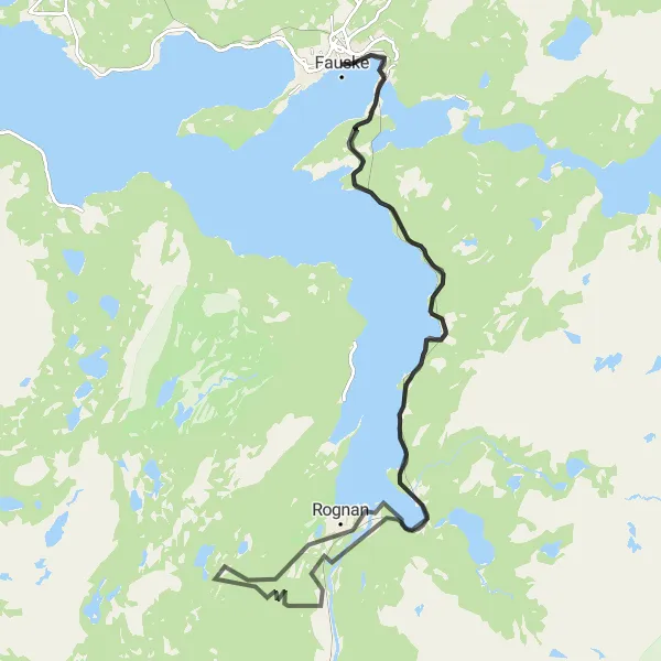 Map miniature of "Scenic Road Cycling Route from Fauske to Finneid via Rognan" cycling inspiration in Nord-Norge, Norway. Generated by Tarmacs.app cycling route planner