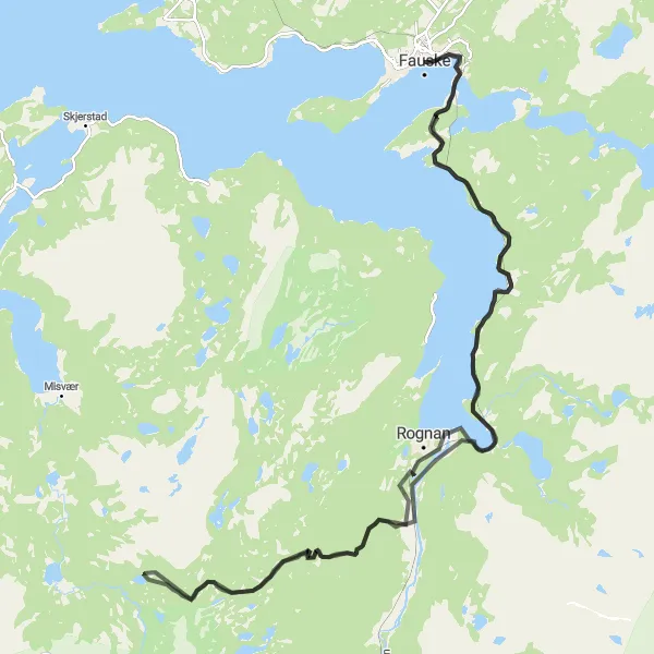 Map miniature of "Challenging Road Cycling Route from Fauske to Finneid via Setså" cycling inspiration in Nord-Norge, Norway. Generated by Tarmacs.app cycling route planner